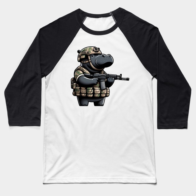 Tactical Hippo Baseball T-Shirt by Rawlifegraphic